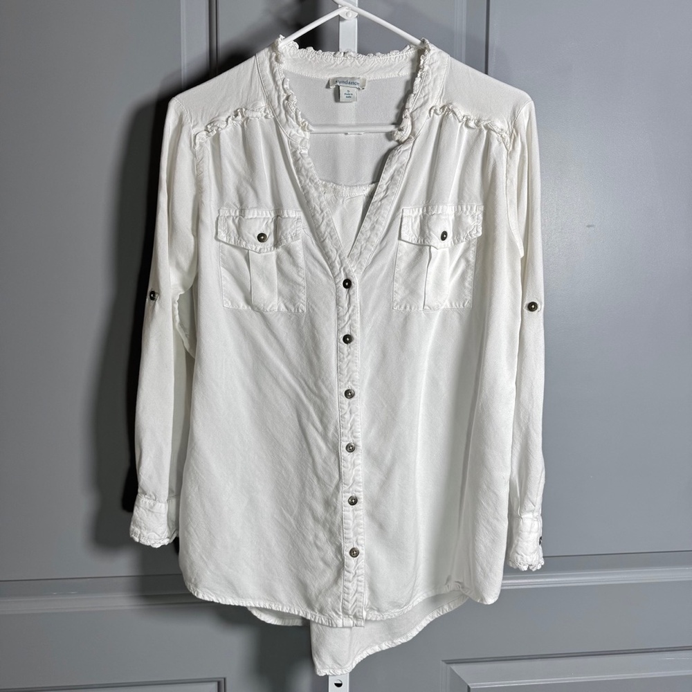 Sundance White Button Down With Ruffled Collar Sz… - image 1
